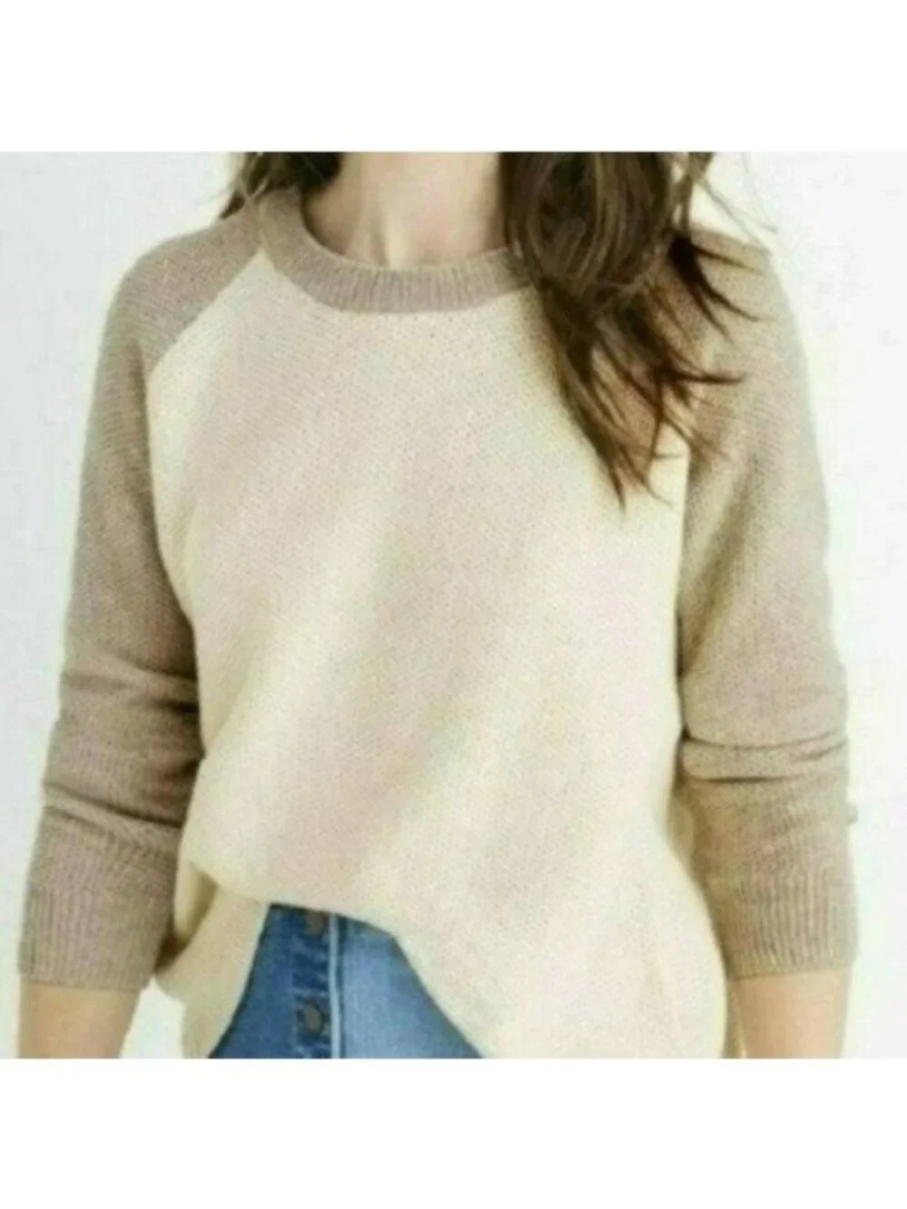 Madewell Province Women's Small Cream Tan Honeycomb Knit Crewneck Sweater